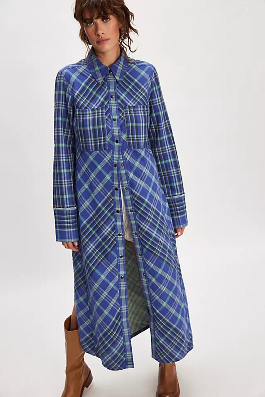 We The Free Ruth Plaid Long Sleeve Long Shirt Top Cobalt Blue Womens Size 2 NWT